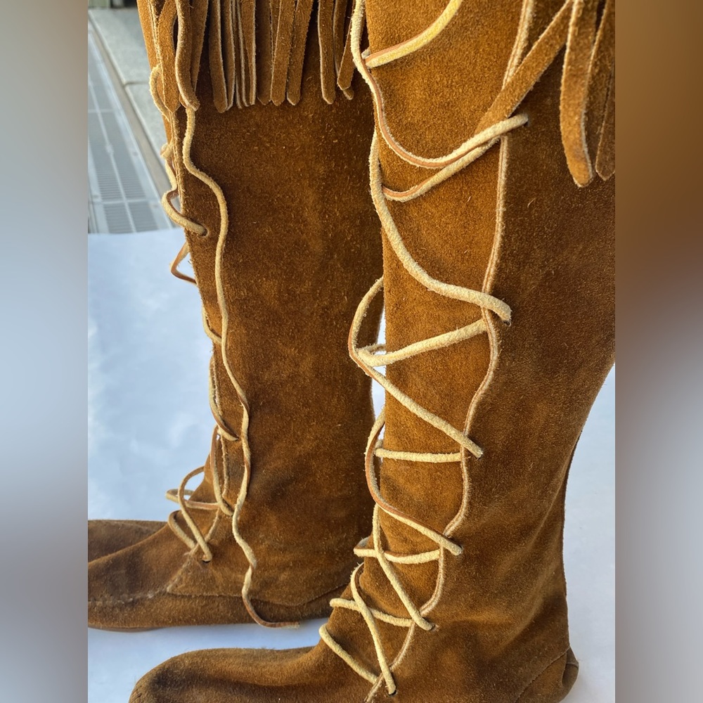 Minnetonka high moccasin fringe boots 7 suede leather vintage 80’s Adam Ant - Picture 2 of 8